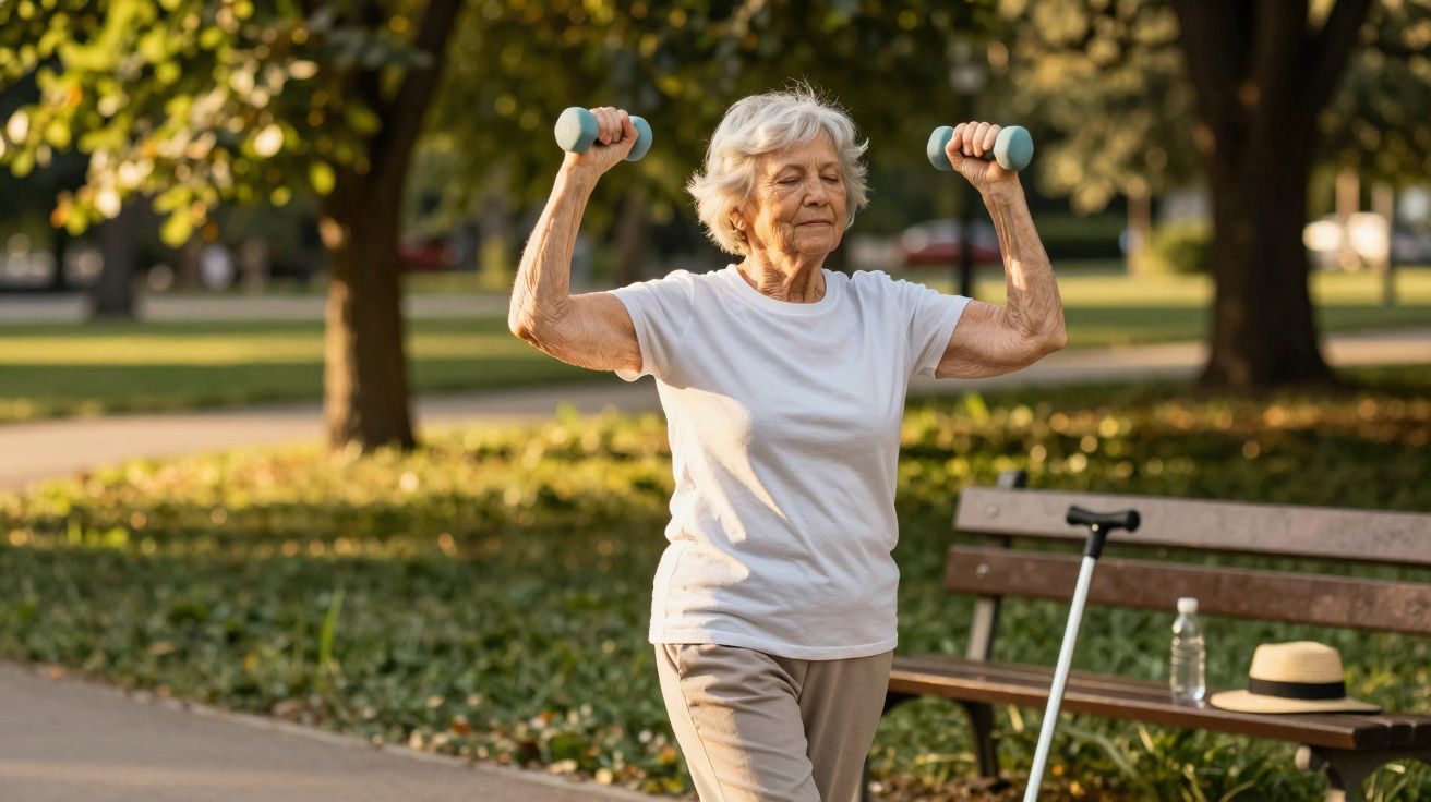 Senhora idosa a fazer exercícios com halteres num parque, com bengala e banco ao fundo.