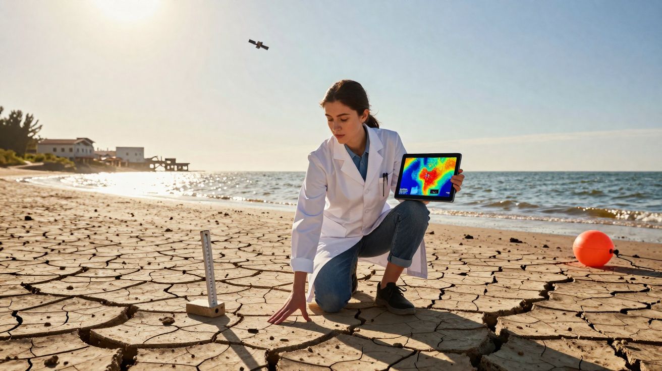 Cientista com bata branca analisa solo seco e partido numa praia, segurando tablet com imagens térmicas.