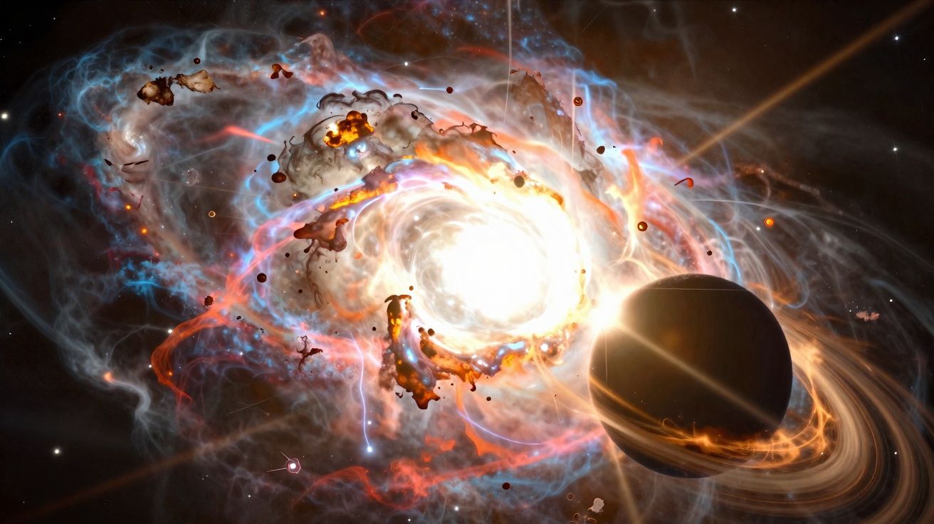 Planeta escuro com anéis perto de uma brilhante nebulosa colorida no espaço sideral.