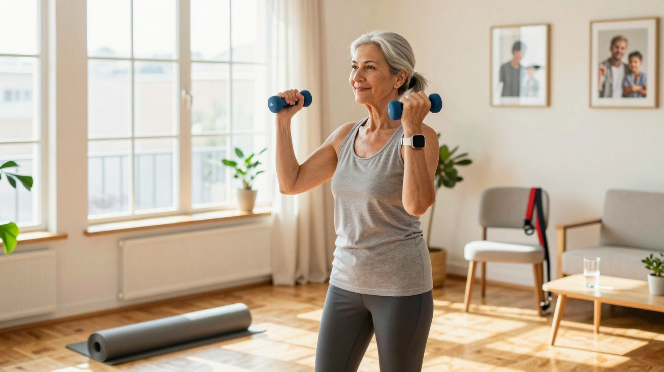 Mulher sénior a fazer exercício com halteres numa sala luminosa e acolhedora.