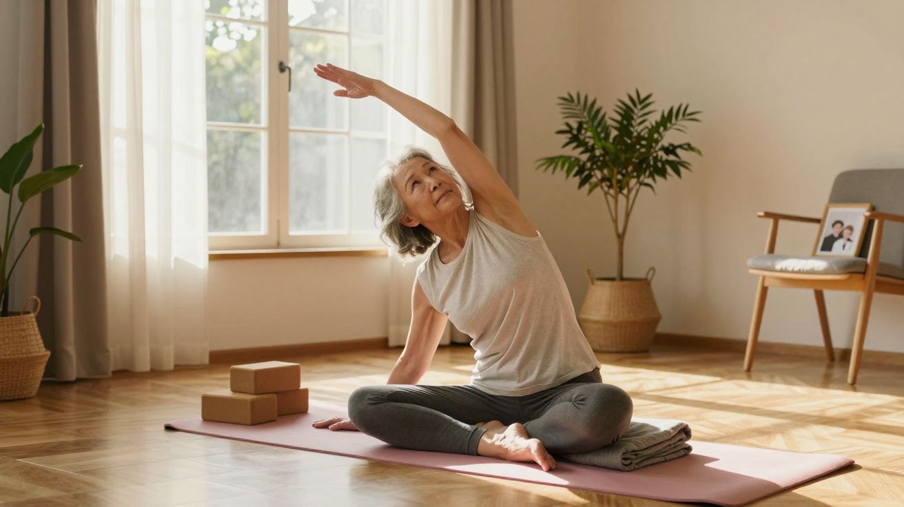 Mulher idosa a fazer alongamento sentada numa esteira de yoga numa sala iluminada e arejada.