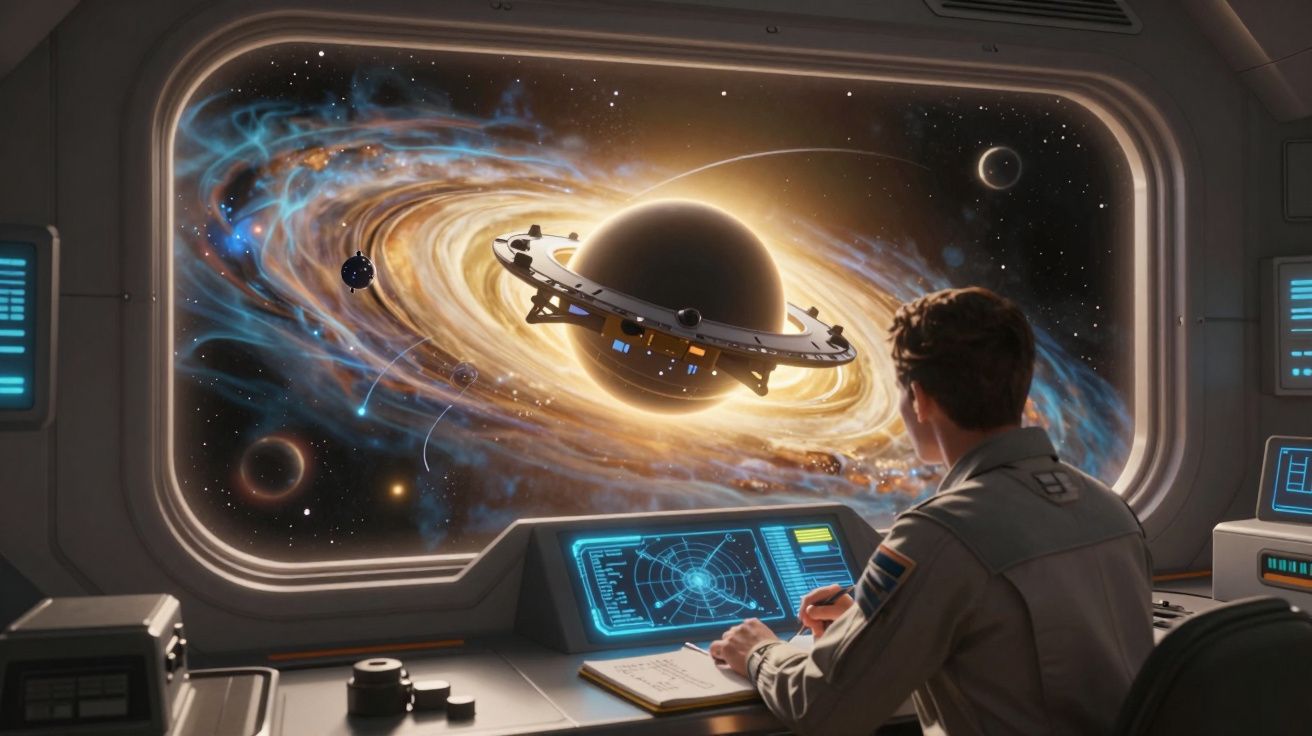 Homem observa anel de planeta gigante com tecnologia avançada numa nave espacial futurista.