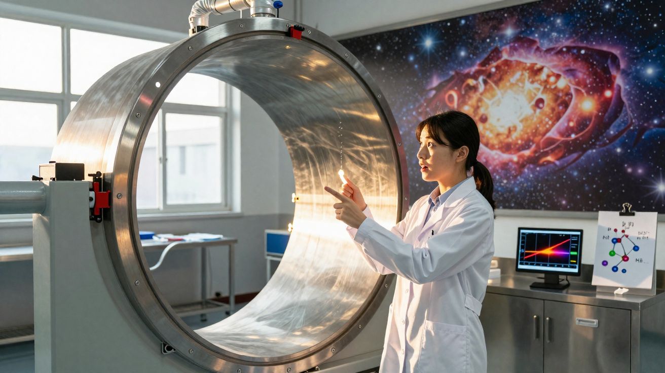 Mulher cientista em bata branca apontando para tubo metálico grande num laboratório com imagem do cosmos ao fundo.