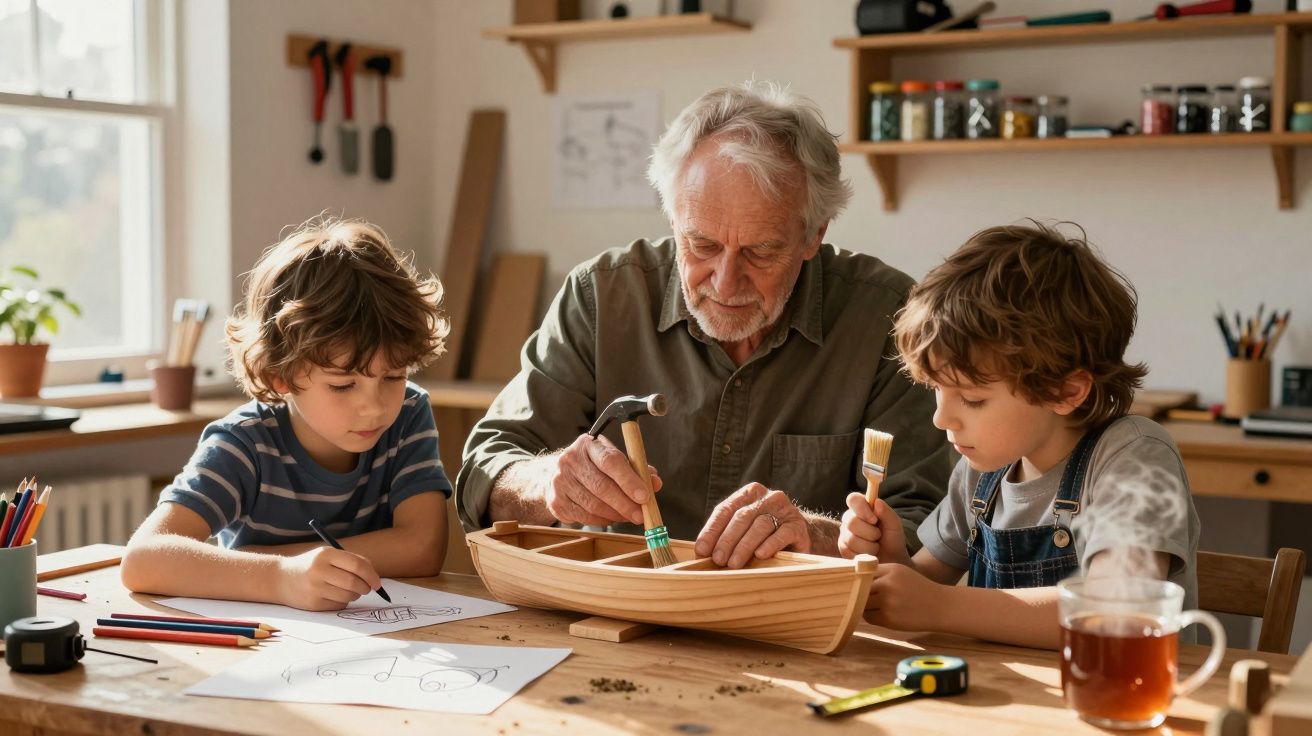 Avô e dois netos pintam e desenham juntos à mesa num ambiente caseiro e iluminado.