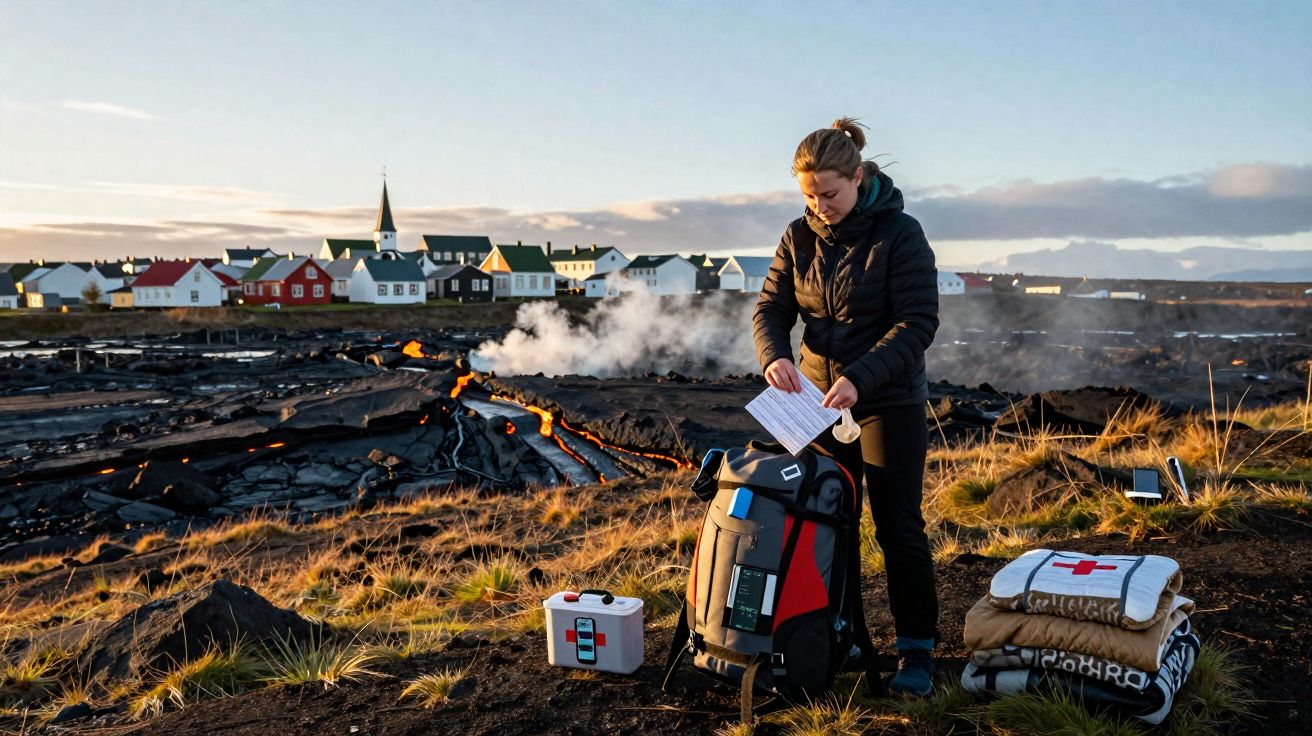 Mulher prepara material médico junto a lava quente com casas coloridas ao fundo ao pôr do sol.