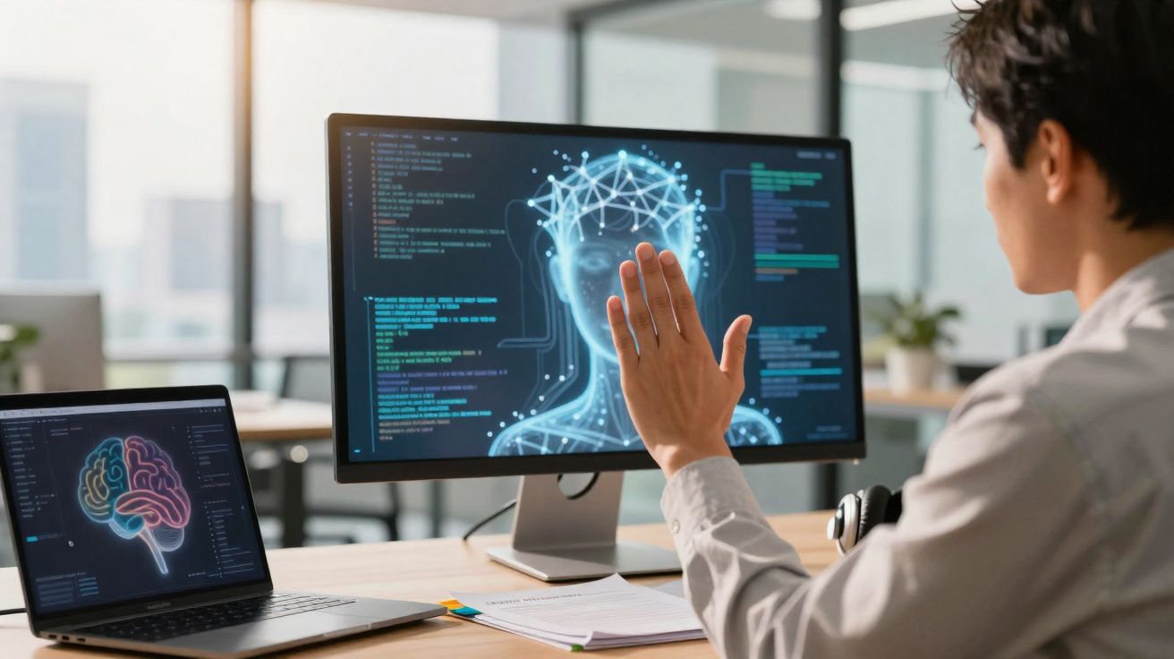 Pessoa interage com interface digital de inteligência artificial em ecrã de computador num escritório.