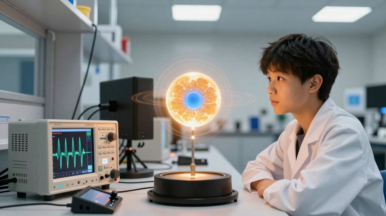 Criança de bata branca observa modelo científico iluminado e equipamento eletrónico num laboratório.