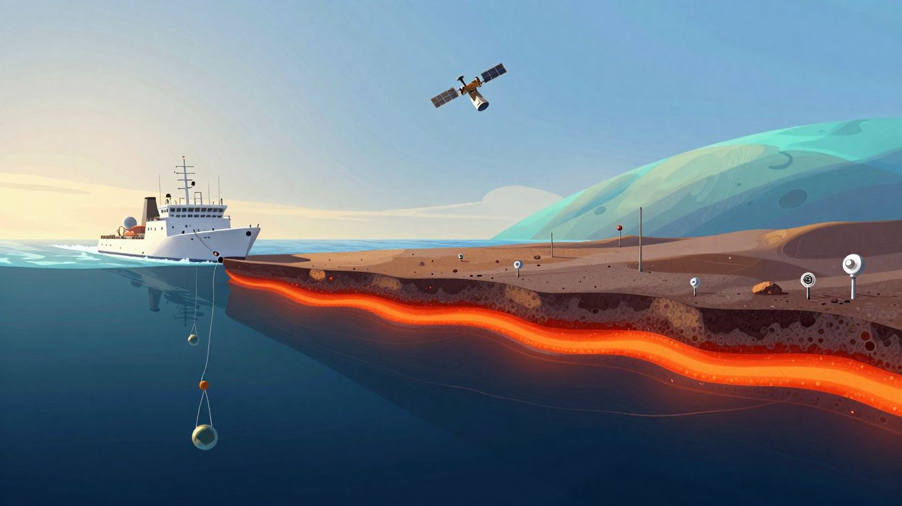 Ilustração de investigação geológica marinha com navio, camadas subterrâneas e satélite em órbita.
