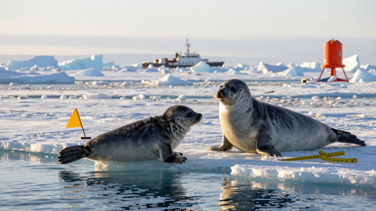 Duas focas numa placa de gelo com um barco e bóias no mar gelado ao fundo, luz suave do sol.