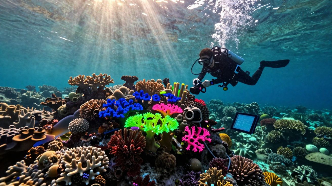Mergulhador a fotografar recife de coral colorido sob luz solar na água cristalina do oceano.