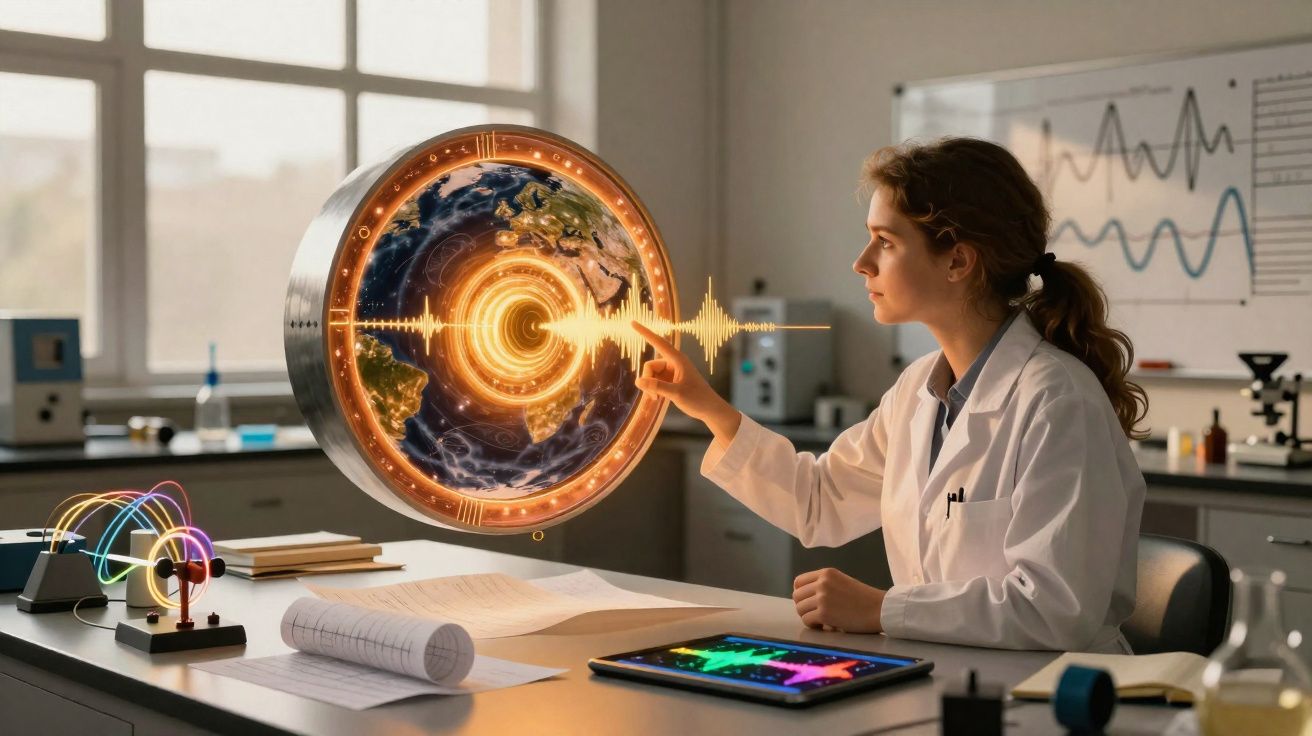 Mulher cientista analisa um globo terrestre holográfico com ondas sonoras num laboratório moderno.