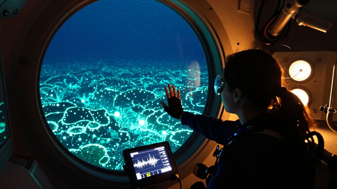 Pessoa dentro de submersível observa criaturas marinhas bioluminescentes através de janela redonda.
