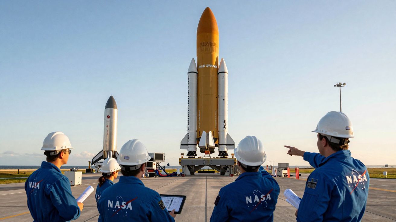 Equipas da NASA em fato e capacete, observam e analisam um foguetão numa plataforma de lançamento.