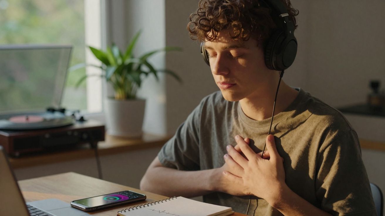 Jovem com auscultadores a ouvir música, olhos fechados e mãos no peito, sentado numa mesa com caderno e telemóvel.
