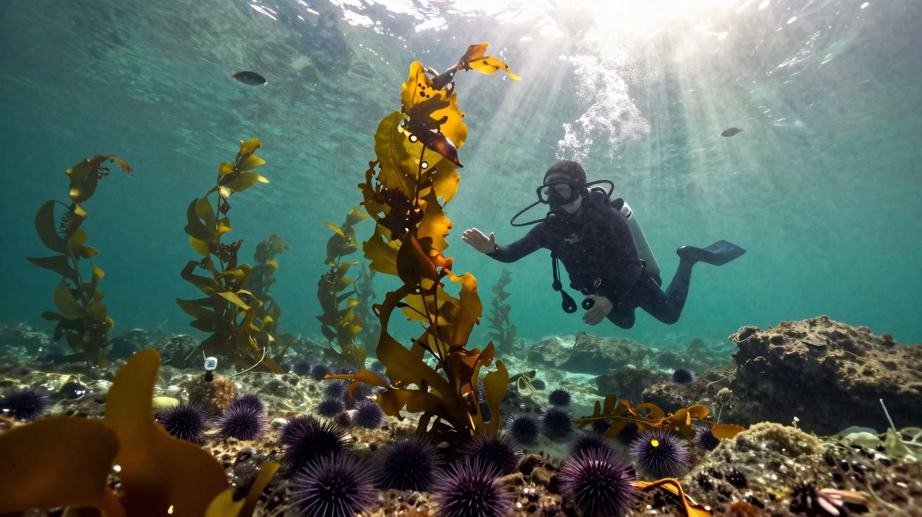 Mergulhador explora floresta subaquática de algas e ouriços-do-mar com luz solar a penetrar na água.