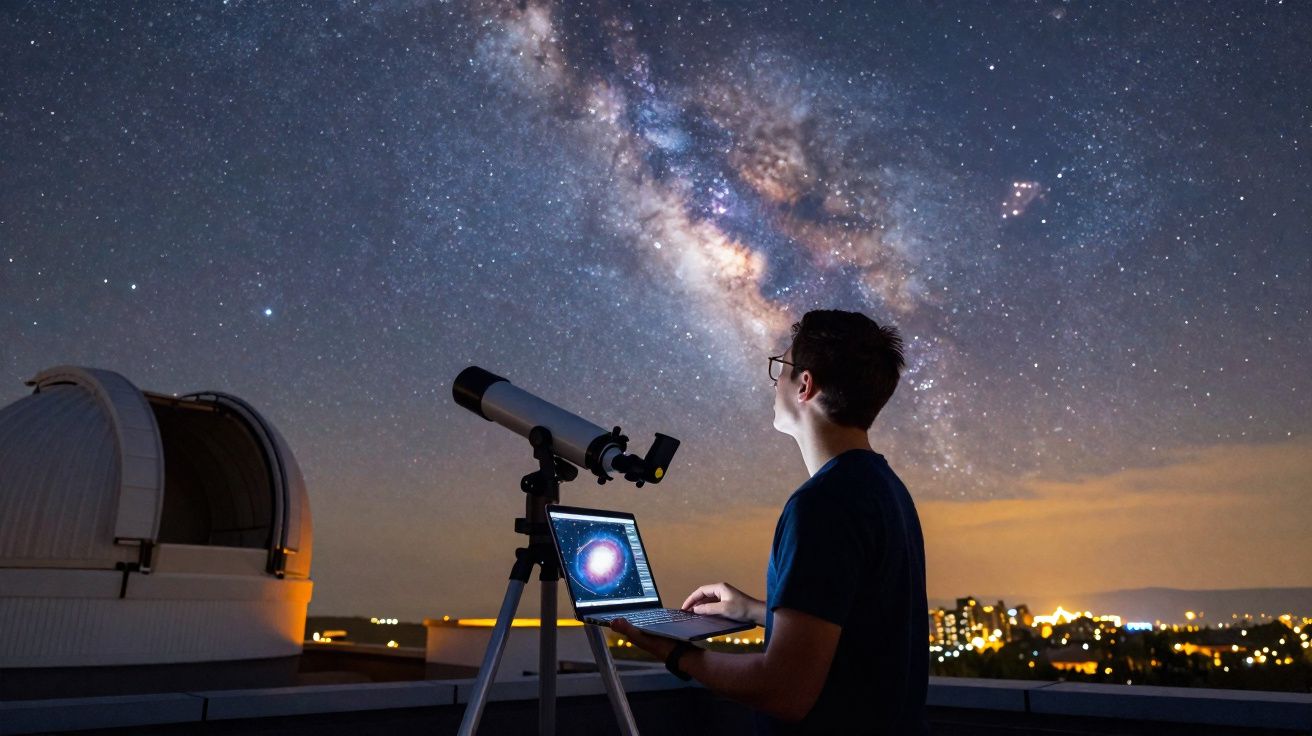 Homem a observar a galáxia através de um telescópio numa noite estrelada num terraço com laptop.