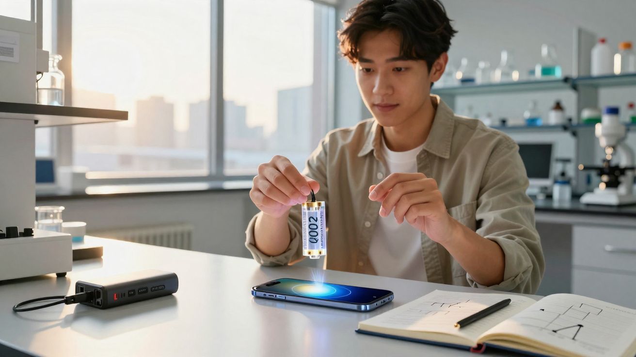 Jovem em laboratório a realizar experimento com dispositivo tecnológico sobre mesa iluminada.