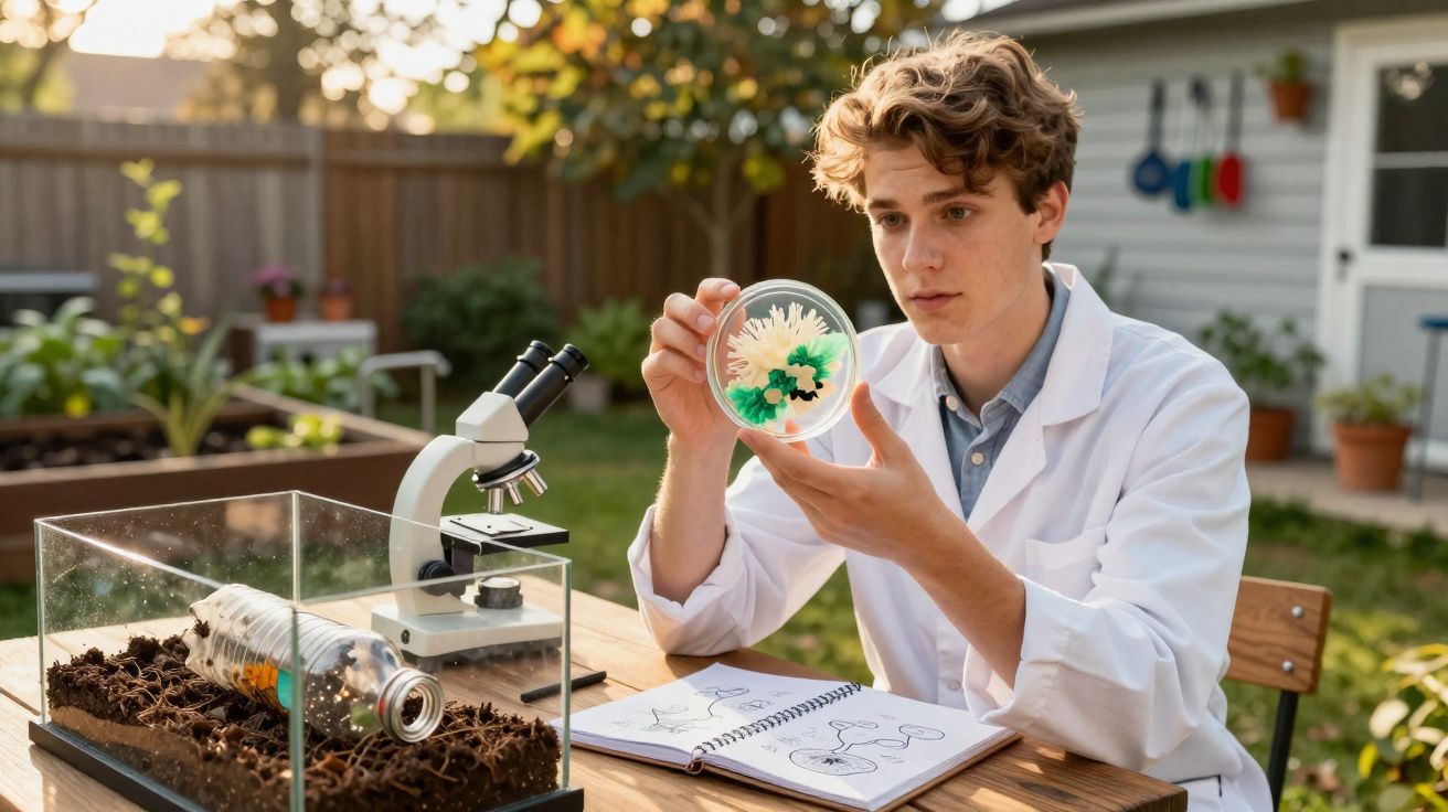 Jovem cientista analisa cultura de bactérias em placa de Petri num jardim, com microscópio e caderno de desenhos.