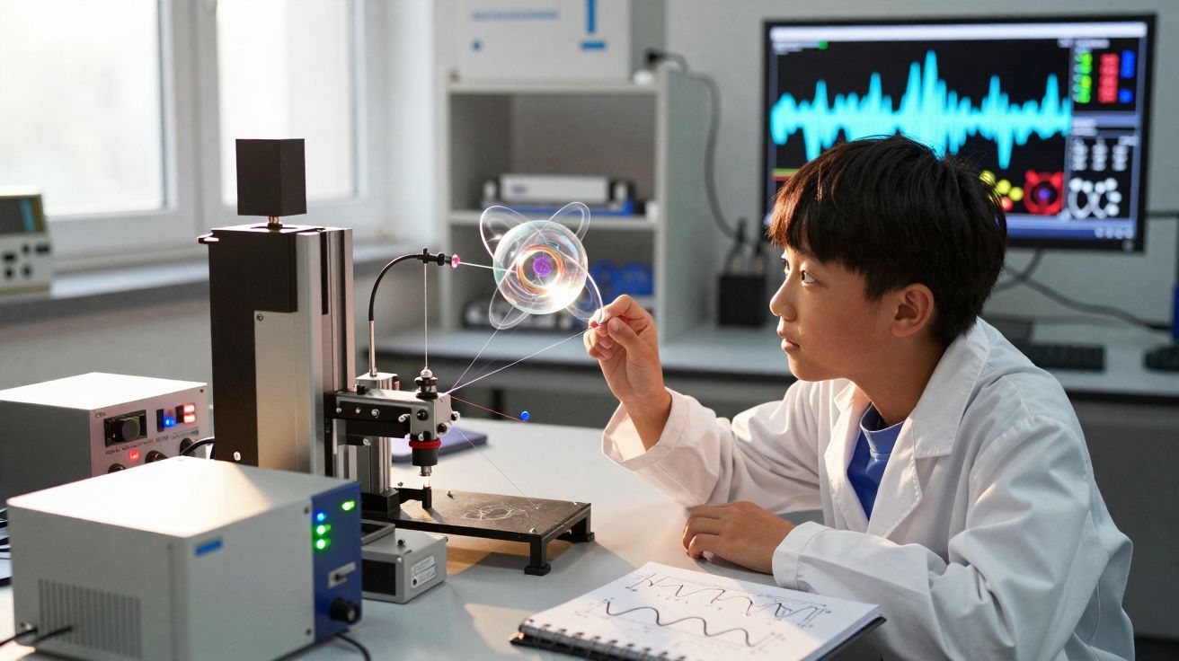 Criança com bata branca manipula equipamento científico num laboratório com gráficos num ecrã ao fundo.