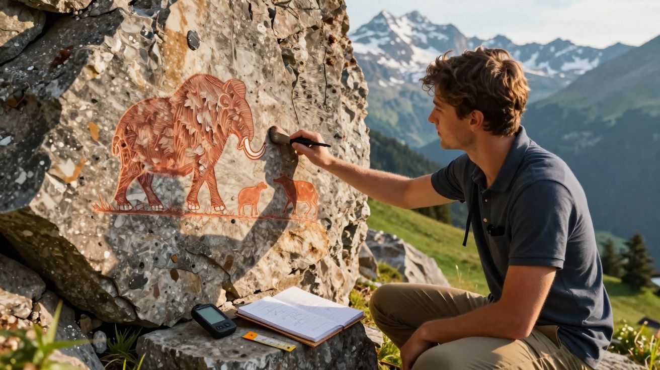 Jovem a desenhar um elefante em relevo numa rocha, com caderno e montanhas ao fundo.