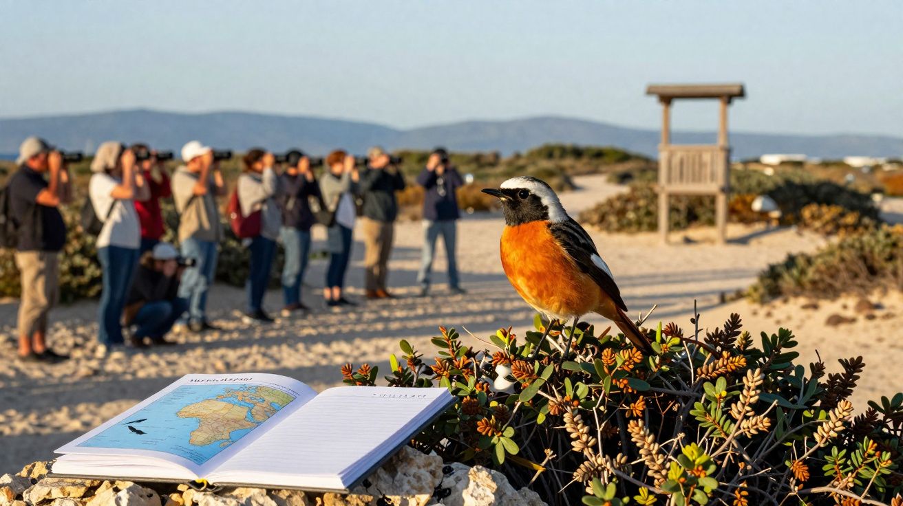 Pássaro laranja e cinza pousado em arbusto, livro aberto com mapa e grupo de pessoas a observar com binóculos.