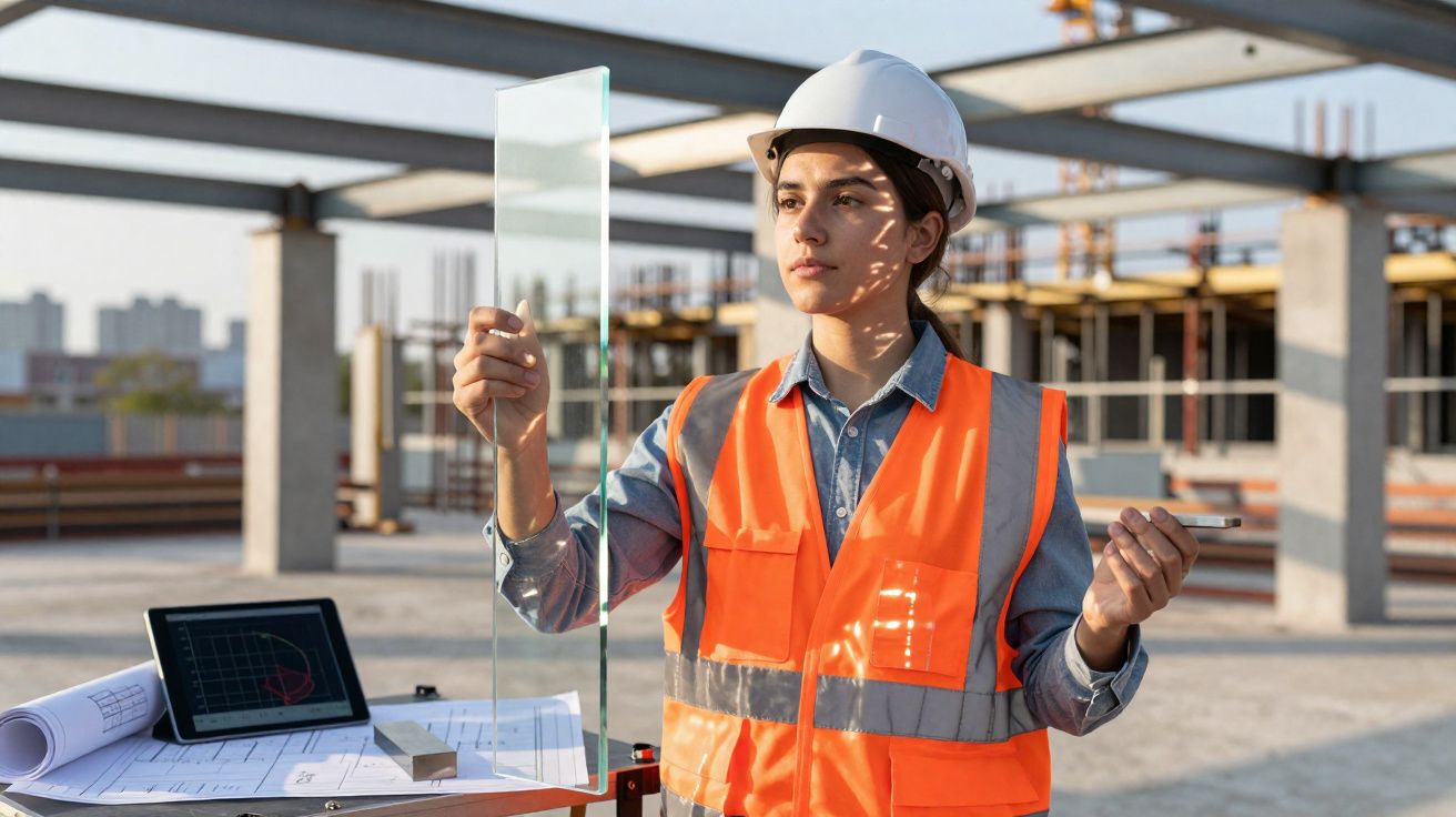 Engenheira com colete e capacete analisa folha de vidro numa construção em andamento ao pôr do sol.