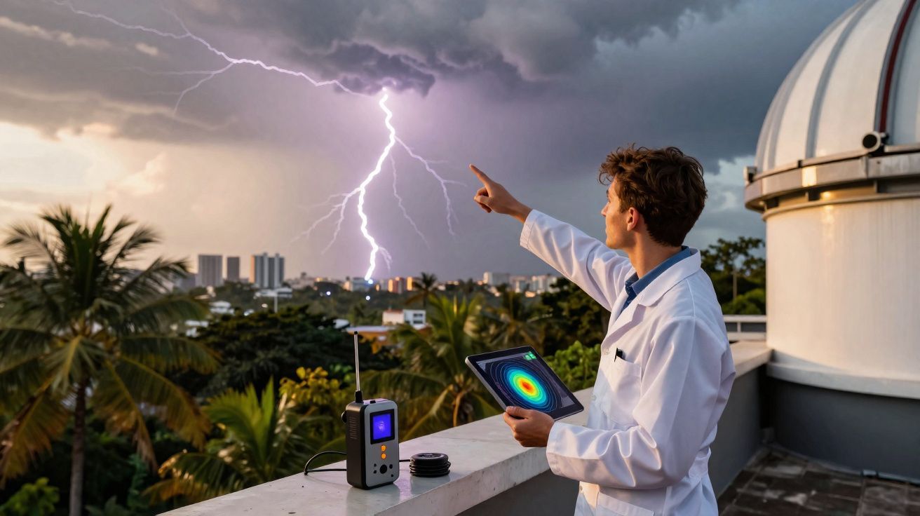 Homem com bata branca aponta para um relâmpago no céu, segurando tablet no terraço de um observatório.