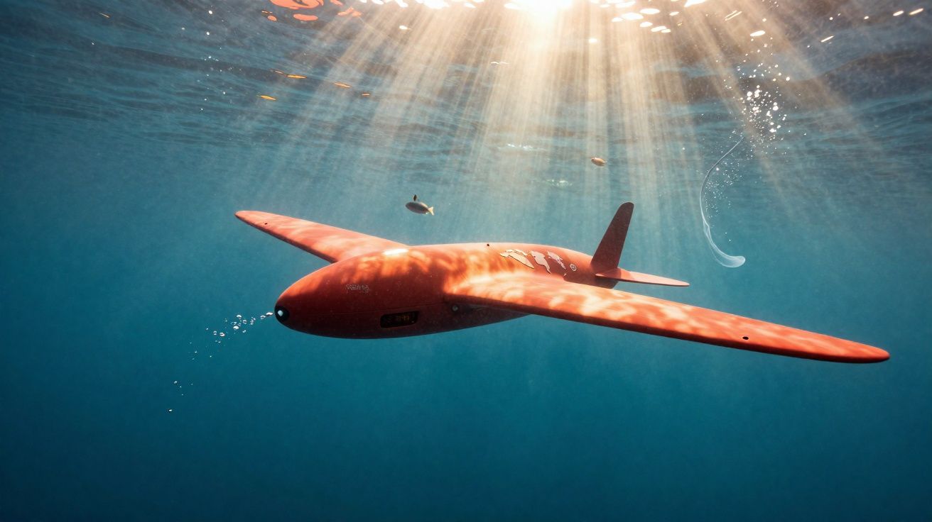 Veículo subaquático vermelho a nadar sob a superfície do mar com raios de sol a atravessar a água.
