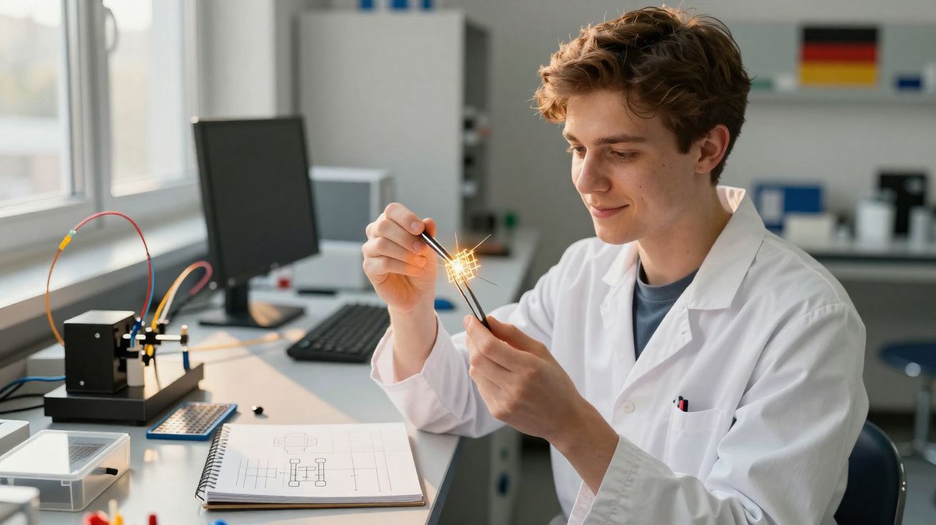 Jovem cientista com bata branca a segurar circuito elétrico brilhante no laboratório moderno.