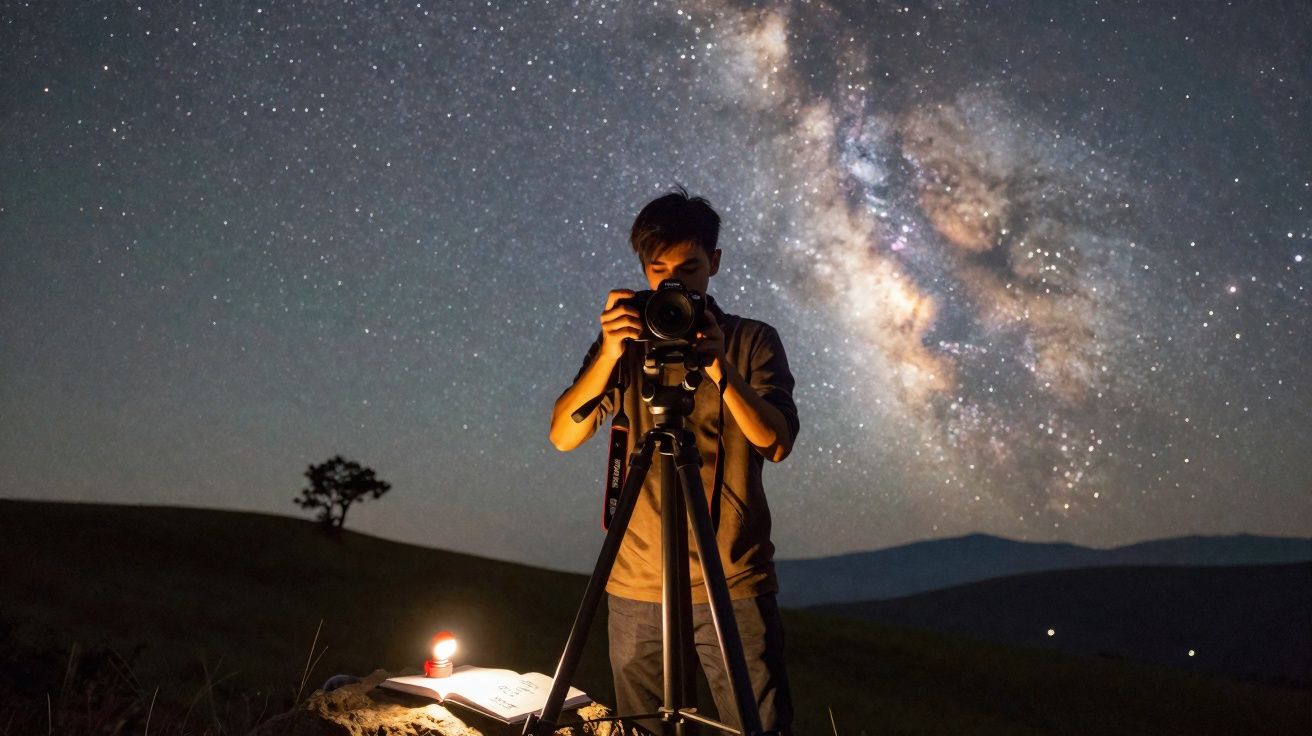 Pessoa a fotografar a Via Láctea com câmara e tripé numa paisagem noturna rural iluminada por lanterna.