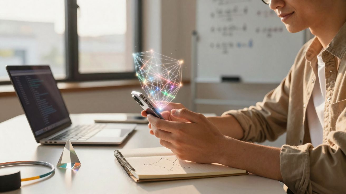 Pessoa a usar telemóvel com holograma de rede digital, perto de computador portátil e caderno numa mesa.