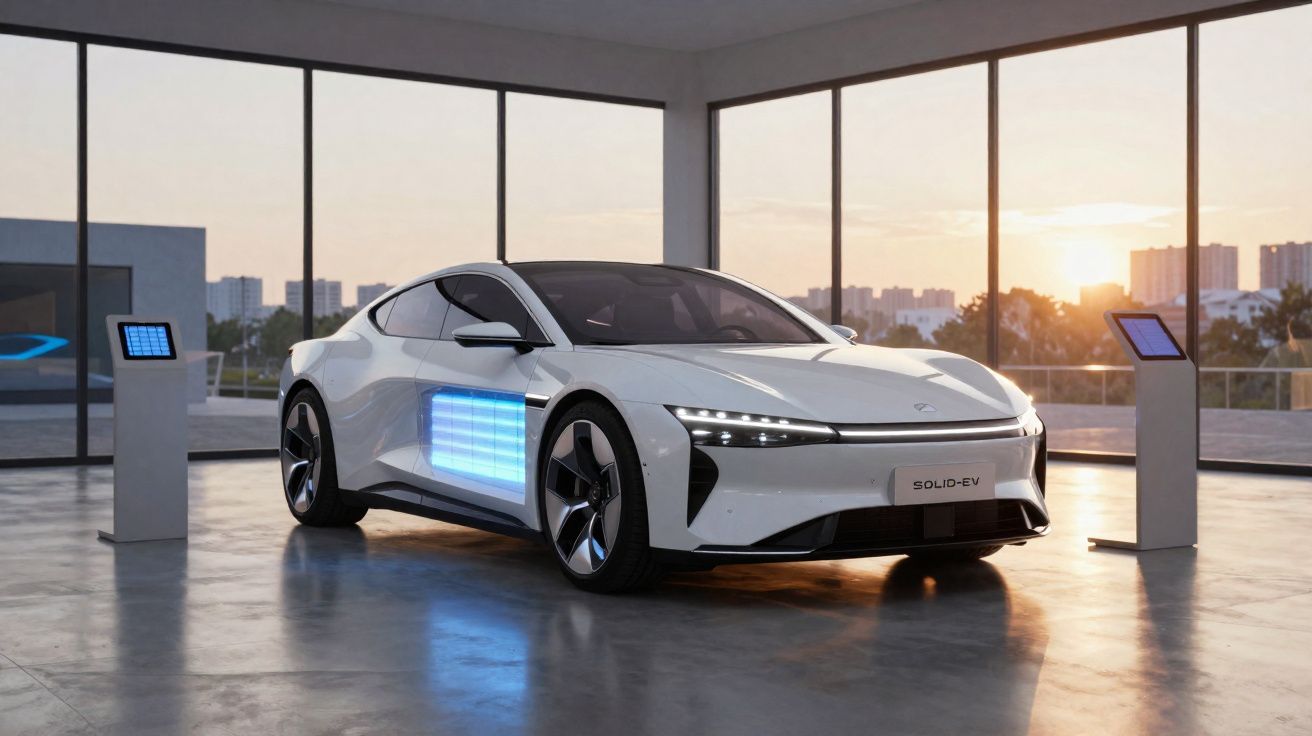 Carro elétrico branco Solid EV em showroom com iluminação natural ao pôr do sol.