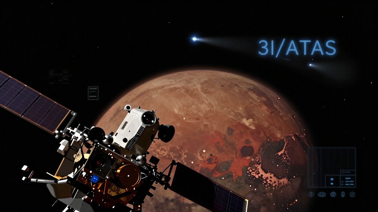 Sonda espacial em órbita perto de Marte com texto "31/ATAS" no espaço negro ao fundo.
