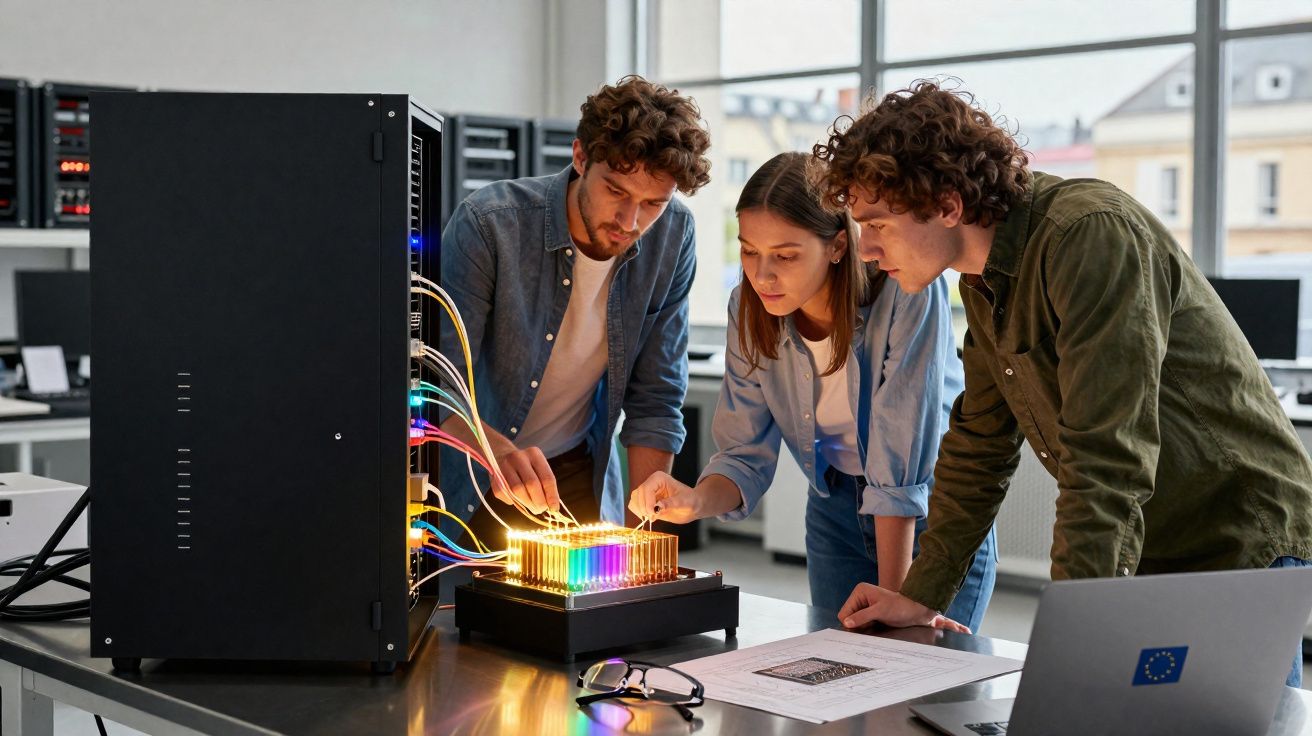 Três jovens a analisar um dispositivo tecnológico com luzes coloridas numa sala moderna de investigação.