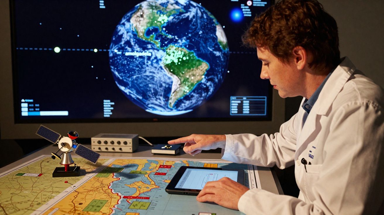 Homem em bata branca analisa dados num telemóvel e tablet, com mapa e globo terrestre digital ao fundo.