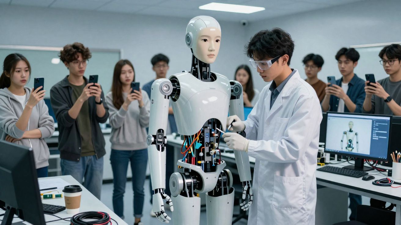 Cientista a ajustar robô humanoide enquanto grupo observa e fotografa em laboratório tecnológico moderno.