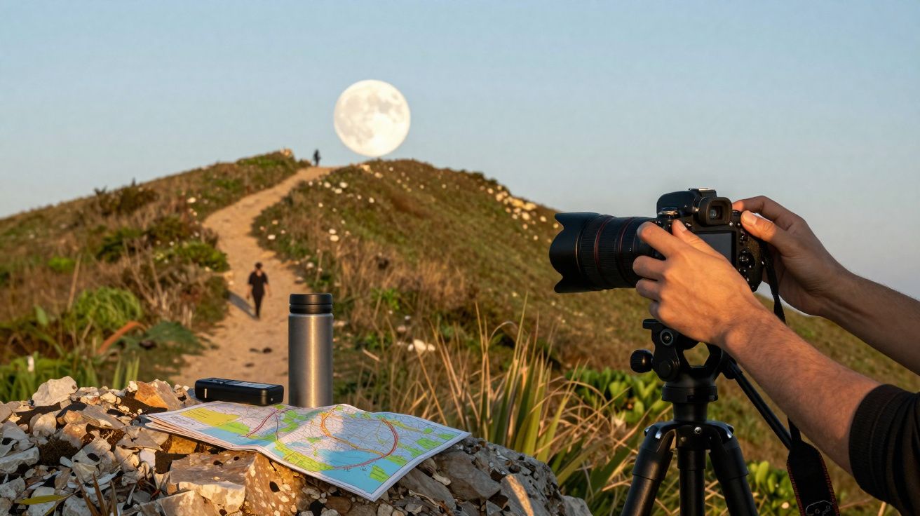 Pessoa a fotografar a lua cheia ao pôr do sol numa trilha natural com mapa e garrafa térmica visíveis.