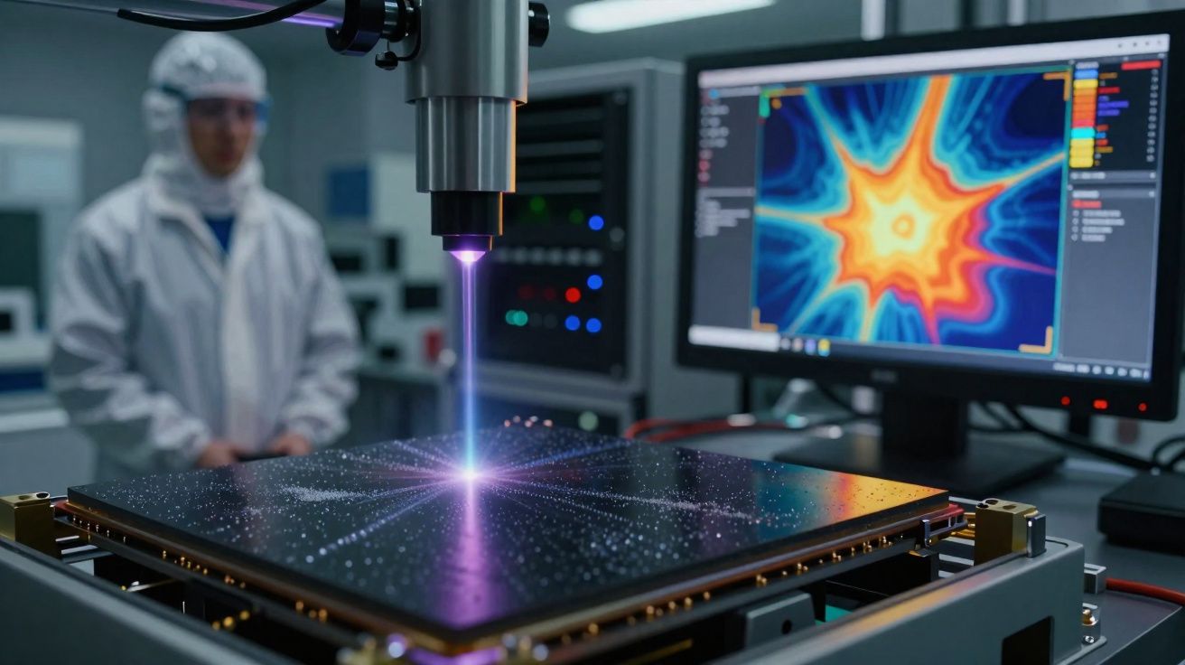 Técnico em roupa de laboratório opera equipamento de laser num painel eletrônico com gráficos num ecrã.