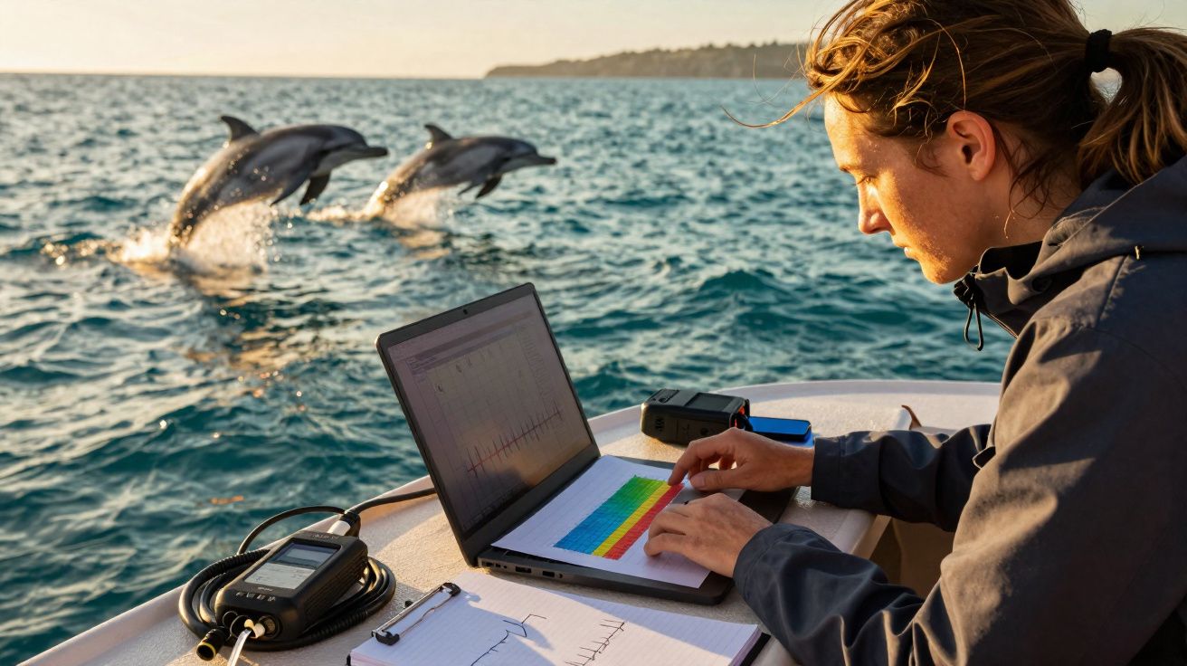 Pessoa a trabalhar num laptop num barco, com golfinhos a saltar no mar ao fundo durante o pôr do sol.