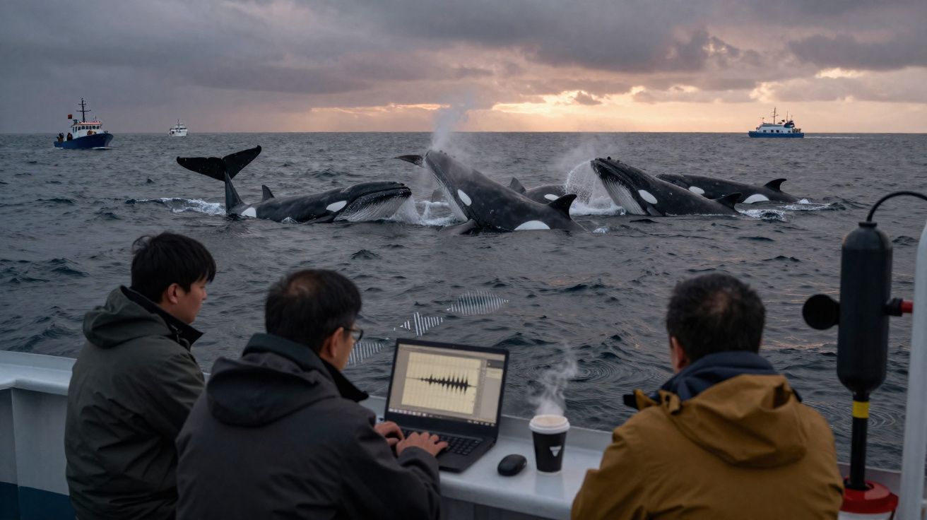 Três pessoas observam e gravam sons de orcas a saltar no mar ao pôr do sol, com barcos ao fundo.