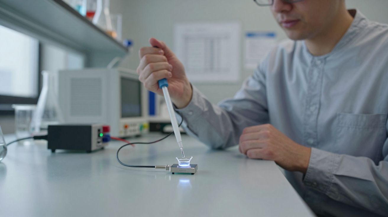 Cientista a usar pipeta para manipular líquido num dispositivo tecnológico num laboratório.