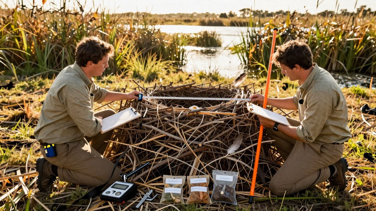 Dois cientistas medem e analisam um ninho grande de aves junto a um lago com vegetação.