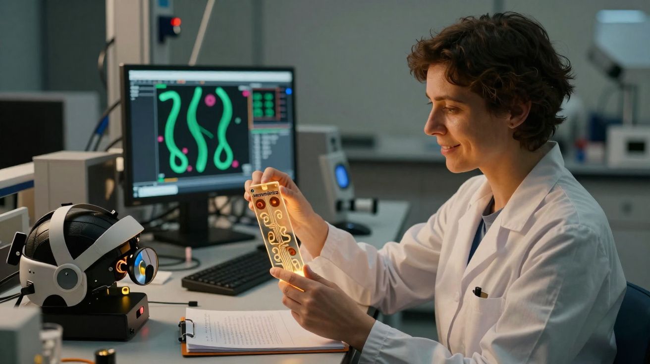 Cientista em laboratório analisa dispositivo tecnológico transparente com circuito, computador e equipamento ao fundo.