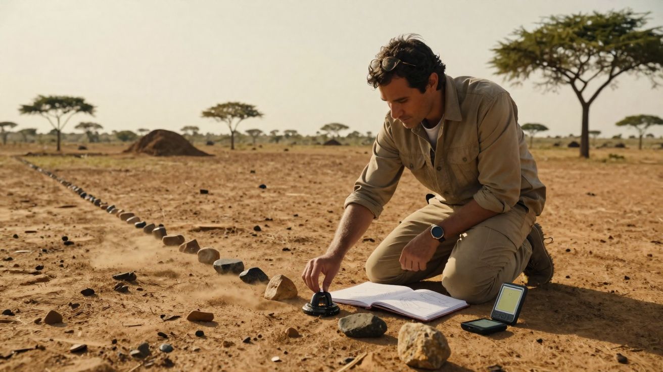 Homem ajoelhado no deserto a medir distâncias entre pedras com equipamento e caderno aberto.