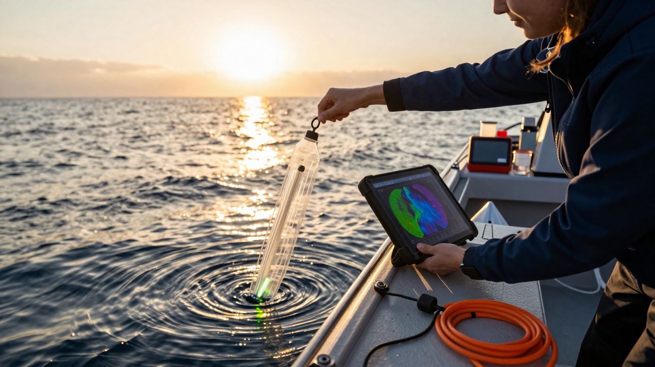 Pessoa a recolher amostra da água do mar ao pôr do sol enquanto consulta dados num tablet a bordo de embarcação.