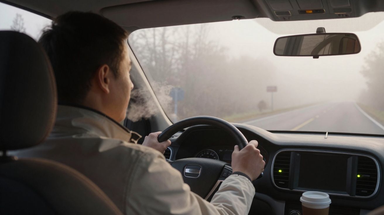 Homem a conduzir carro numa estrada com nevoeiro, com um café no tablier.