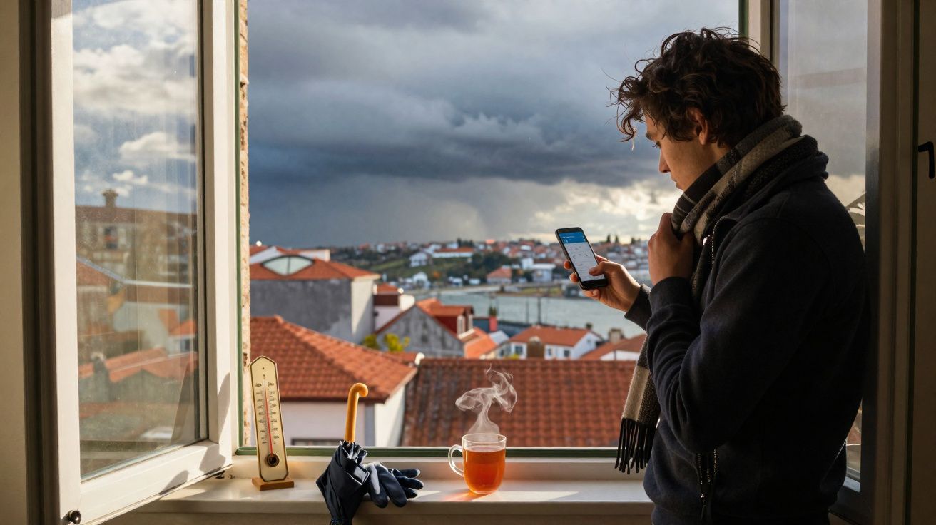 Pessoa com cachecol observa telemóvel junto a janela aberta com chá fumegante e vista de casas e céu nublado.