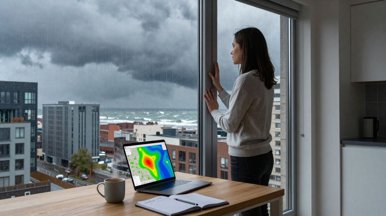 Mulher a olhar pela janela durante dia chuvoso com computador e caderno numa mesa interior.