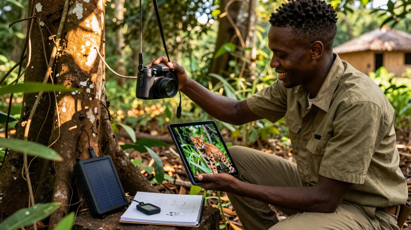 Homem sorridente verifica fotografia de gato selvagem em tablet enquanto segura câmara na floresta.