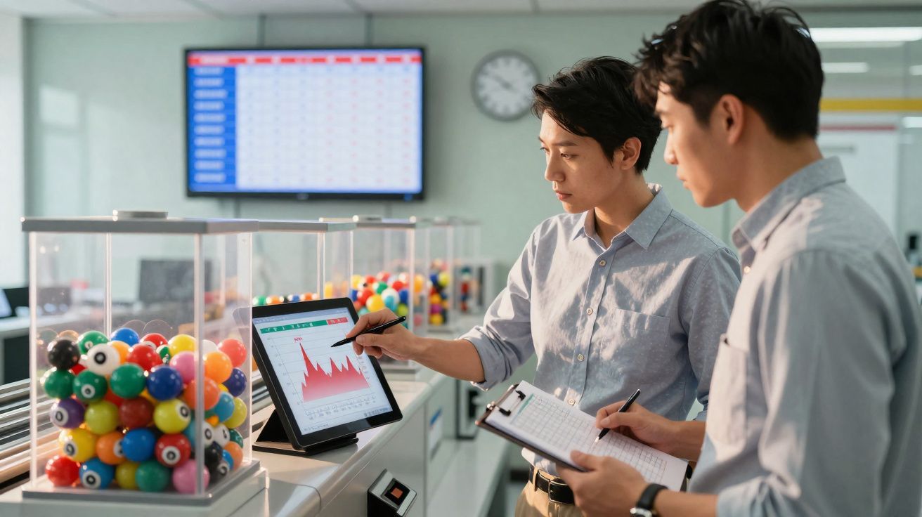 Dois homens analisam gráficos num tablet numa sala com máquinas de lotaria e bolas de números coloridas.
